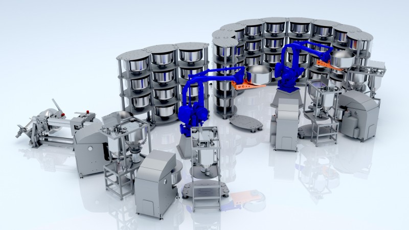 Robotized composition for dough preparation type Robomix &ndash; gostol system with escher mixers